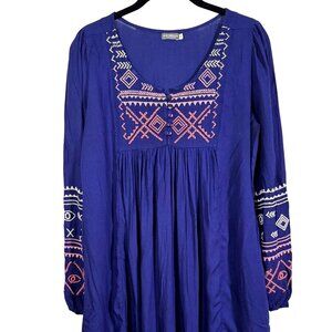 Earthbound Trading Co Blue Embroidered Boho Tunic Dress SZ M